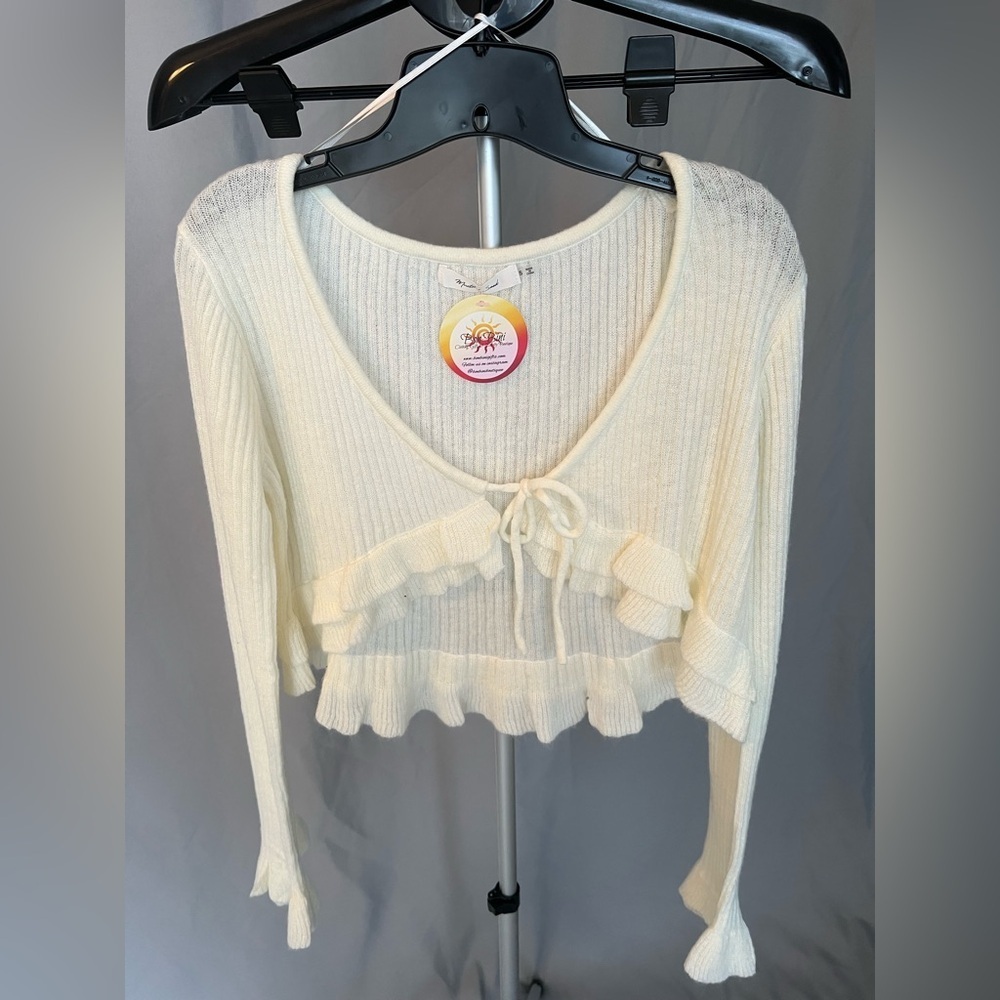 Cream Knit Crop Top with Ruffle Accents